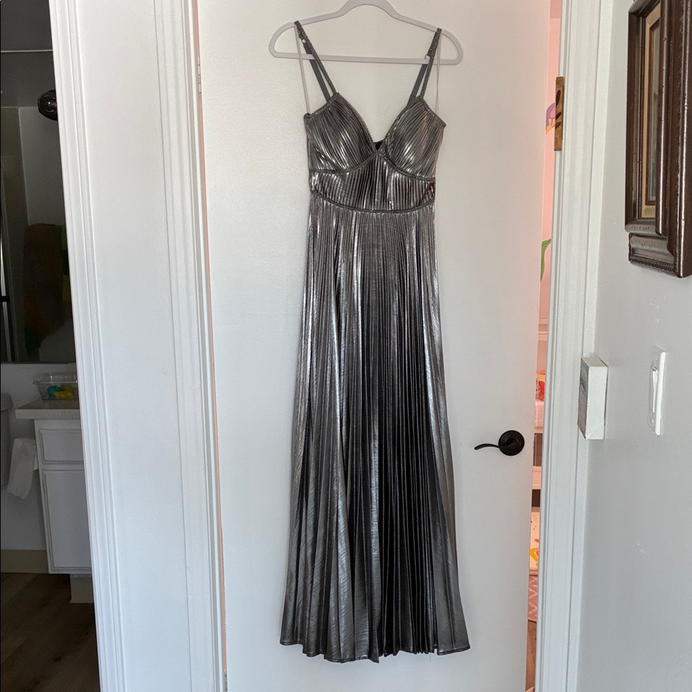 Metallic Silver Pleated Maxi Dress with Spaghetti Straps